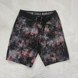 American Eagle Mens Board Shorts Black Grey Coral Paint Splatter Swim Trunks S